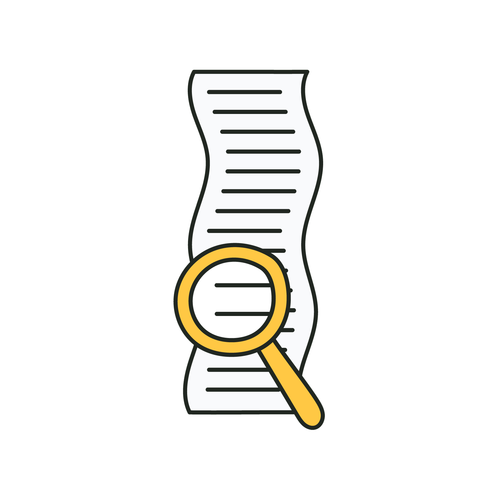 an illustration of a magnifying glass inspecting a long list